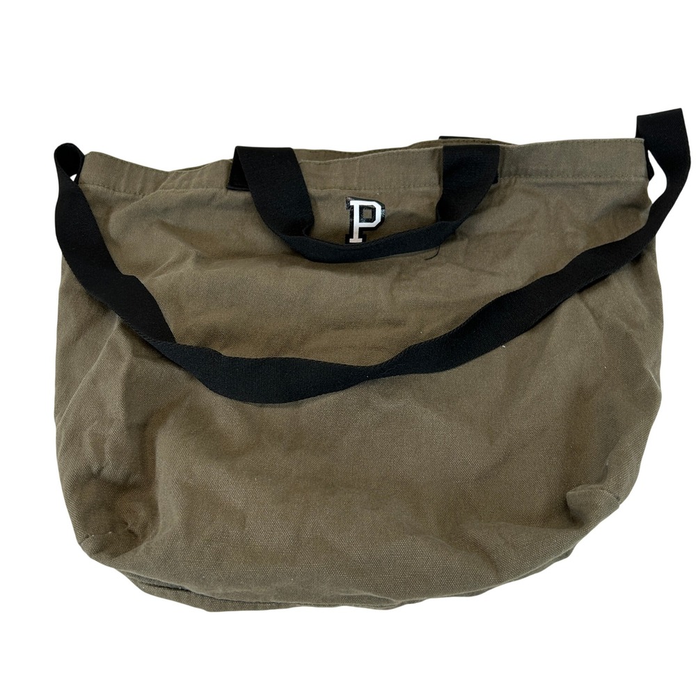 PINK Victoria's Secret Canvas Tote Bag Olive Green Crossbody Shoulder Bag P Logo